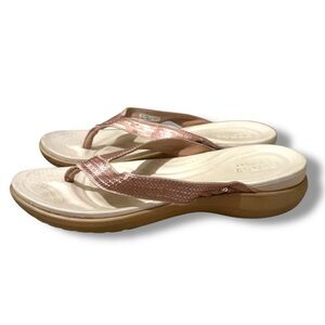 Crocs Women's Sandals in Pink Sequin Thong Slides Slip On